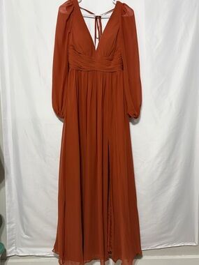 Azazie Rust-Orange Long Sleeve V-Neck Maxi Dress